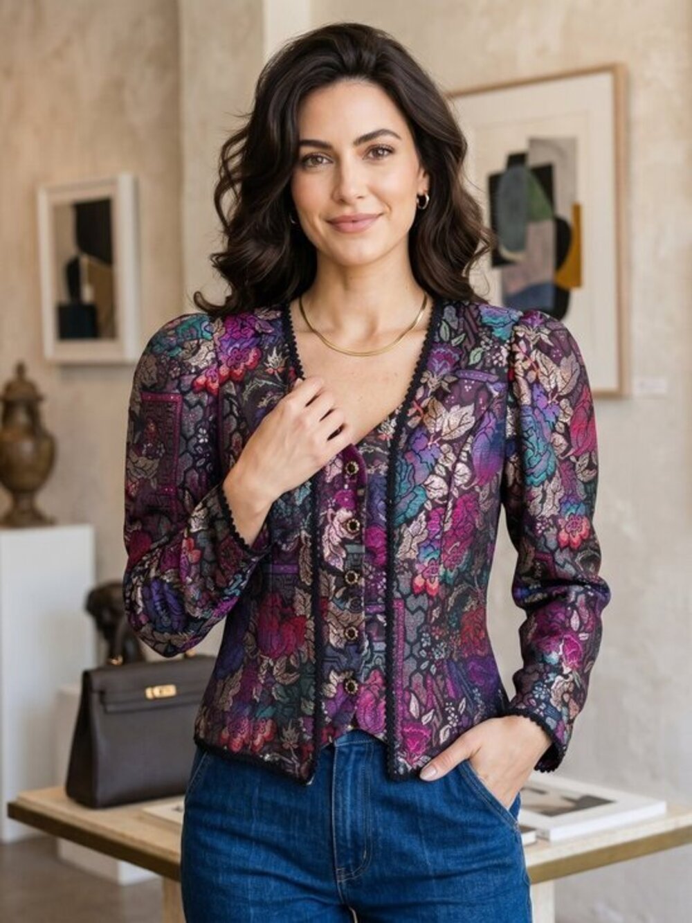 Cachet Blazer with Multicolor Floral Design metallic medium renaissance faire?